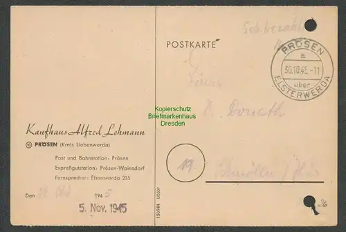 B6075 Karte SBZ Gebühr bezahlt 1945 Prösen über Elsterwerda Kaufhaus Lehmann