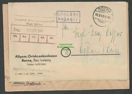 B6097 Brief SBZ Gebühr bezahlt 1945 Rötha Ortskrankenkasse Notumschlag