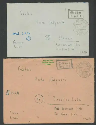 B6098 2x Brief SBZ Gebühr bezahlt 1945 Ropperhausen Treysa n. Stanau Breitenhain