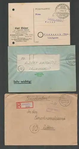 B6144 3x Brief SBZ Gebühr bezahlt 1945 Friedrichroda 1945 Einschreiben n Pößneck