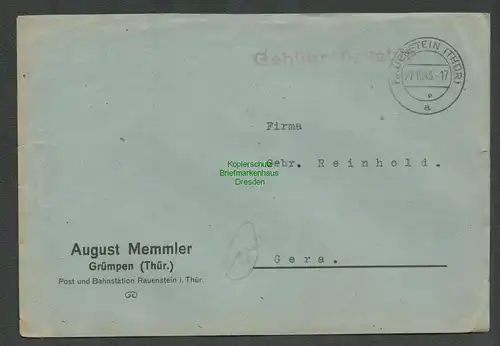 B6104 Brief SBZ Gebühr bezahlt 1945 Rauenstein Thür 1945 Grümpen