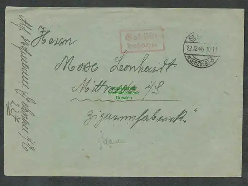 B6078 Brief SBZ Gebühr bezahlt 1945 Gelenau Erzgeb. nach Mittweida