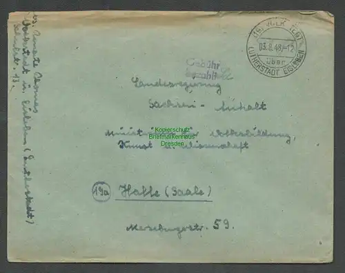 B6126 Brief SBZ Gebühr bezahlt 1948 Volkstedt über Lutherstadt Eisleben n. Halle