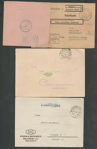 B6134 2x Brief SBZ Gebühr bezahlt 1945 nach Wettin Saale Notpaketkarte 1949