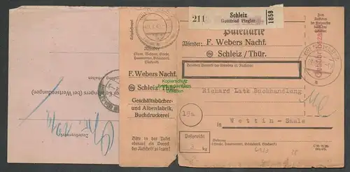 B6133 Paketkarte SBZ Gebühr bezahlt 1949 Schleiz nach Wettin Saale Notpaketkarte