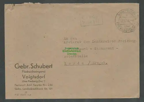 B6125 Brief SBZ Gebühr bezahlt 1945 Voigtsdorf über Freiberg Flachschwingerei