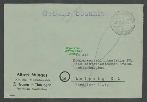 B6174 Brief SBZ Gebühr bezahlt 1945 Trusen in Thüringen Herges-Auwallenburg