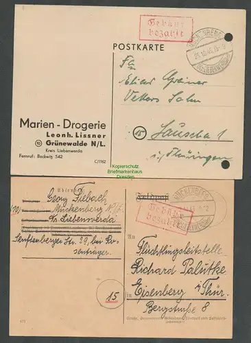 B6160 2x Postkarte SBZ Gebühr bezahlt 1945 Mückenberg Kr. Liebenwerda Drogerie