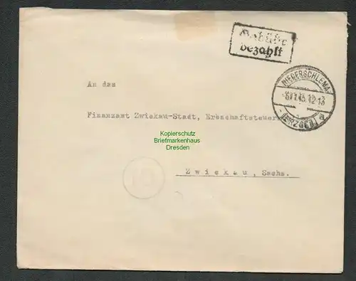 B6205 Brief SBZ Gebühr bezahlt 1945 Niederschlema Erzgeb. an Finanzamt Zwickau