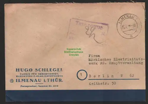 B10047 Brief SBZ Gebühr bezahlt Taxe Percue Ilmenau 1946 nach Berlin