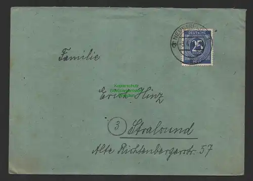 B10225 Brief SBZ Neustrelitz 25 Pfg. Ziffer blau 926 3.4.46 nach Stralsund