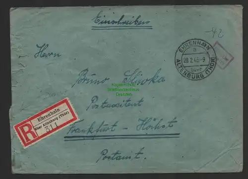 B10141 Brief SBZ Gebühr bezahlt Ehrenhain über Altenburg Thür Einschreiben 1946