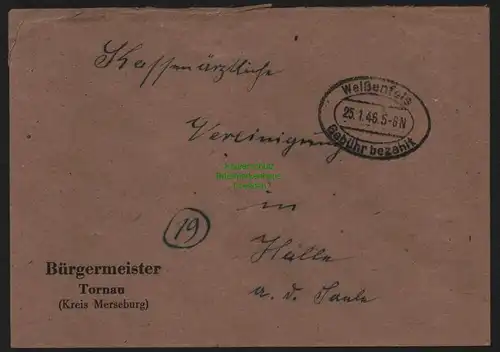 B10335 Brief SBZ Gebühr bezahlt 1946 Weißenfels nach Halle Bürgermeister Tornau