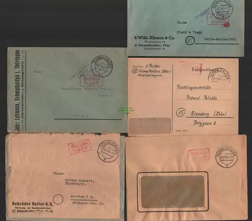 B10147 5x Brief Postkarte SBZ Gebühr bezahlt Schmalkalden 1945 Werkzeugfabrik