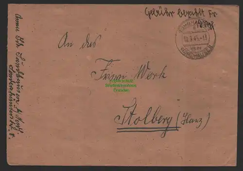 B10145 Brief SBZ Gebühr bezahlt Sundhausen über Nordhausen 1945 Friwi Stolberg