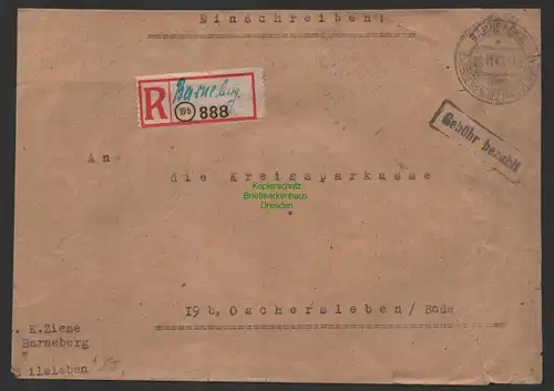 B10182 R-Brief Einschreiben SBZ Gebühr bezahlt Barneburg 888 Not-R-Zettel 1948