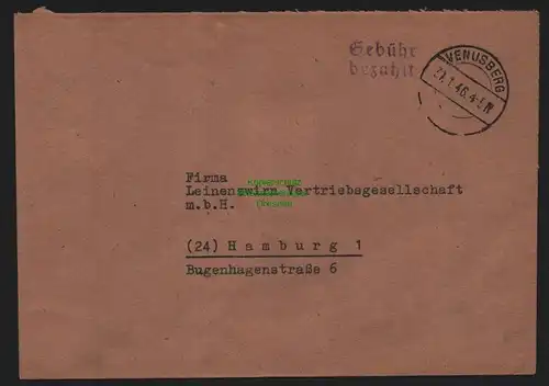 B10368 Brief SBZ Gebühr bezahlt 1946 Venusberg nach Hamburg