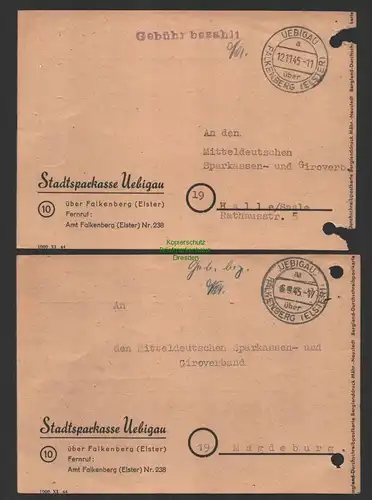 B10189 2x Postkarte SBZ Gebühr bezahlt Uebigau über Falkenberg Elster 1945
