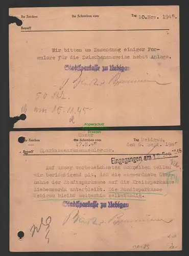 B10189 2x Postkarte SBZ Gebühr bezahlt Uebigau über Falkenberg Elster 1945