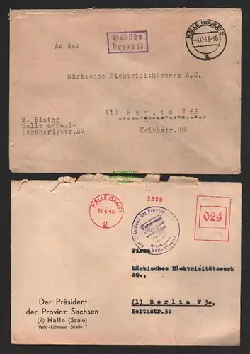 B10043 2x Brief SBZ Gebühr bezahlt Halle Saale nach Berlin Freistempel 1946 Der
