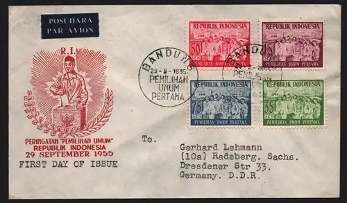 B13064 Indonesien 1955 151 - 154 FDC nach Radeberg DDR Erste allgemeine Wahlen