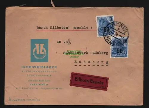 B12694 DDR 1956 Brief Eilboten VEB Stern Radio Berlin Industrieladen Sachsenwerk