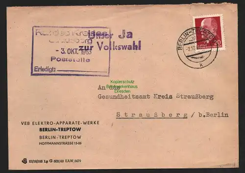 B10737 Brief DDR Propaganda Berlin Treptow 1963 Unser JA zur Volkswahl