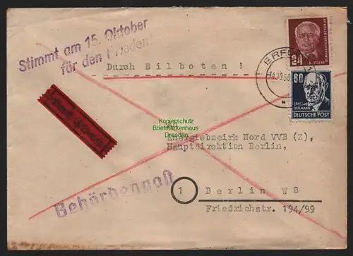 B10757 Brief DDR Propaganda Erfurt 1950 nach Berlin Stimmt am 15. Oktober für de