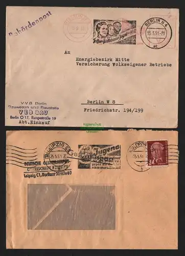 B11459 2x Brief DDR Propaganda Leipzig Werbestempel Weltfestspiele Treffen der