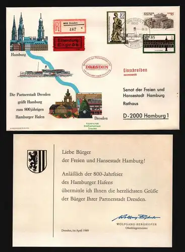 B12086 DDR 1989 Brief Jubileum 800 Jahre Hamburger Hafen m. Einlagekarte Widmung