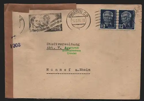 B11038 Brief DDR Propaganda Losung Leipzig 1951 Treffen d. friedliebenden Jugend