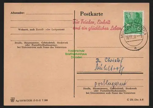 B11554 Postkarte DDR Propaganda Mühltroff 1958 Frieden Einheit glückliches Leben
