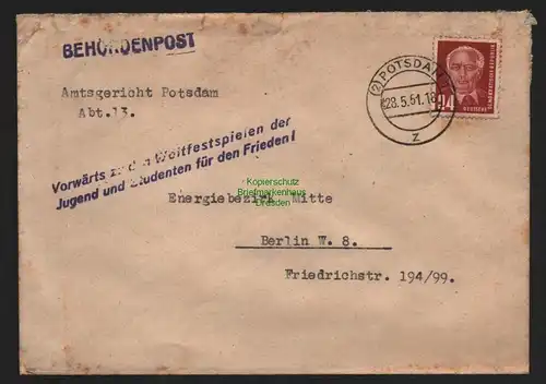 B11460 Brief DDR Propaganda Potsdam 1951 Weltfestspiele Frieden