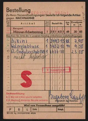 B13028 DDR Geschichte Bestellkarte Konsument Warenhaus Chemnitz 1970