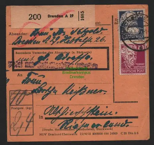 B11249 SBZ DDR Paketkarte Dresden A 29 1951nach Riesa Zustellgebühr 2x 217 rücks