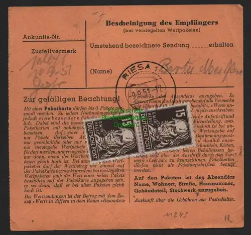 B11249 SBZ DDR Paketkarte Dresden A 29 1951nach Riesa Zustellgebühr 2x 217 rücks