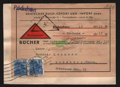 B12782 DDR 2x 420 Adressträger Deutscher Buch Export Leipzig nach Radeberg