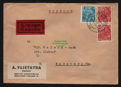 B12655 DDR 1957 Brief Eilboten Berlin West an VEB Rafena Werke Radeberg