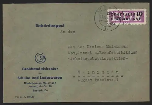 B14124 DDR ZKD Brief 1957 10 1204 Meiningen GHK für Schuhe und Lederwaren an Rat
