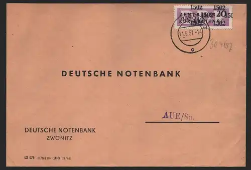 B14217 DDR ZKD Brief 1957 11 1502 Aue Deutsche Notenbank Zwönitz an nach Aue
