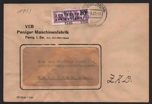 B14245 DDR ZKD Brief 1957 11 1516 Rochlitz VEB Peniger Maschinenfabrik  an nach