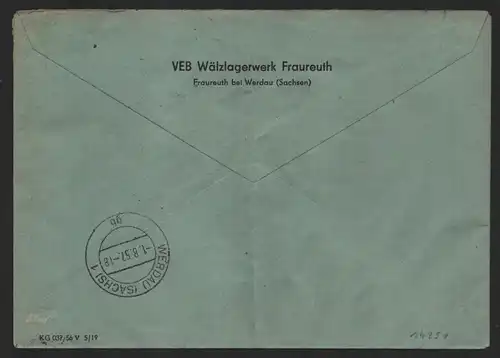 B14251 DDR ZKD Brief 1957 2x10 1520 Werdau Wälzlagerwerk Fraureuth an