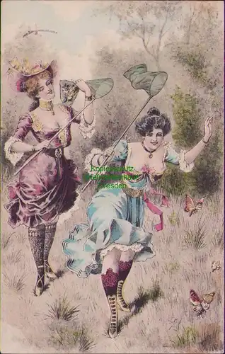 158211 AK Berlin 1906 Künstlerpostkarte Frauen in Kleidern Männer Schmetterlinge