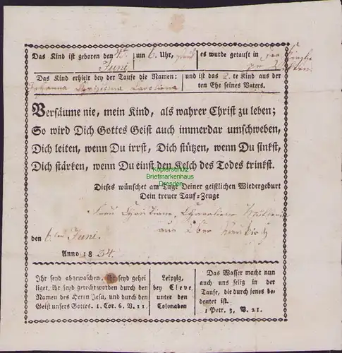 158102 Taufpatenbrief alter colorierter Taufbrief Anno 1834 Leipzig