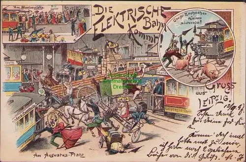 158249 AK Litho Leipzig 1897 Die Elektrische kommt Groß Zschocher kl. Hinderniss