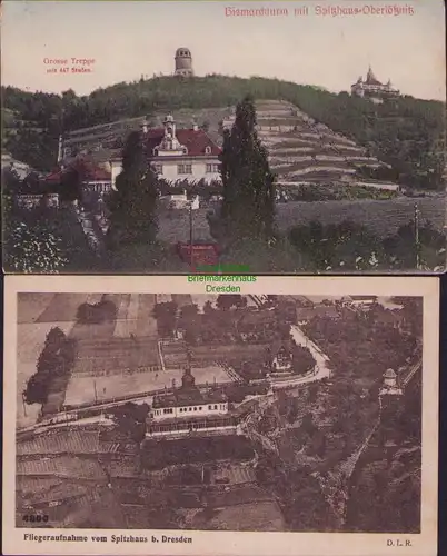 154886 2 AK Spitzhaus Oberlößnitz Bismarkturm Große Treppe um 1910 Luftbild Flie