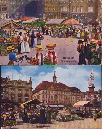 154654 2 AK Dresden Altstadt 1916 Künstlerkarte Dresdner Blumenmarkt Altmarkt