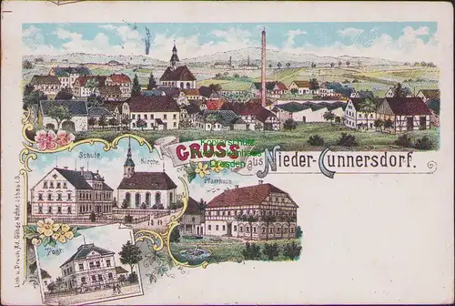 154653 AK Niedercunnersdorf Kottmarsdorf 1911 Litho Schule Kirche Post Pfarrhaus