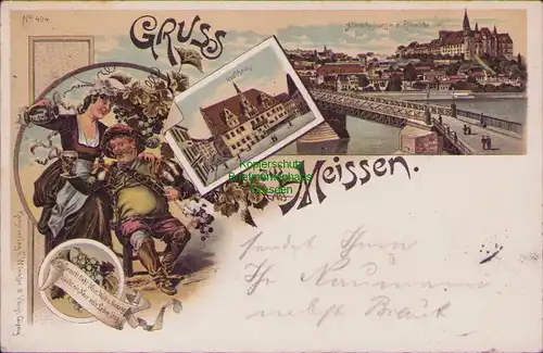 154642 AK Meissen Litho 1897 Rathaus Albrechtsburg Elbbrücke Wein Weib Gesang