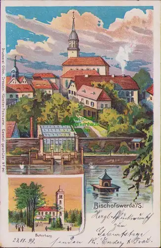 154628 AK Bischofswerda Litho 1899 Künstlerkarte Kirche und Butterberg